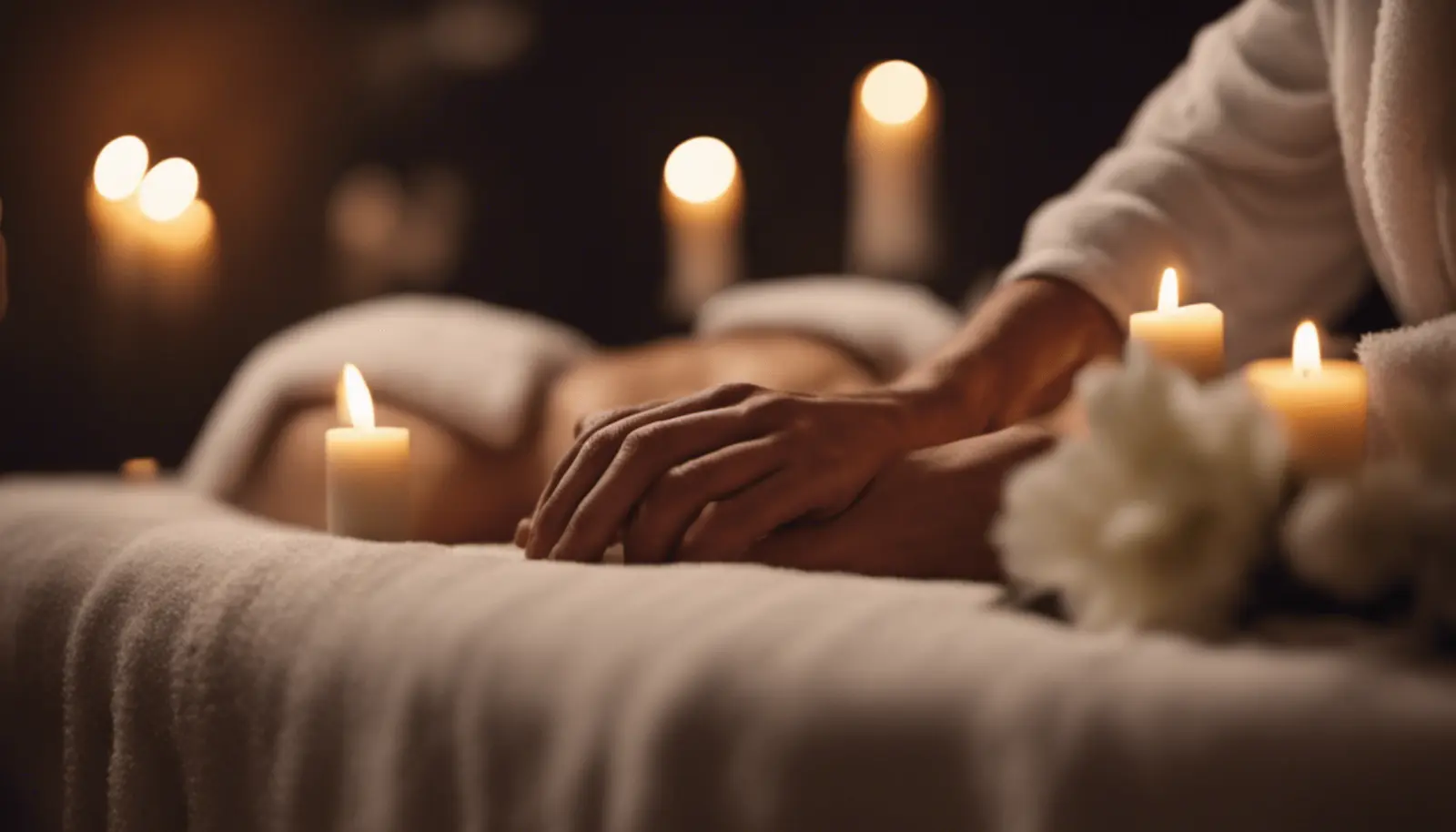 Relaxing spa massage setup with candles and warm ambient lighting